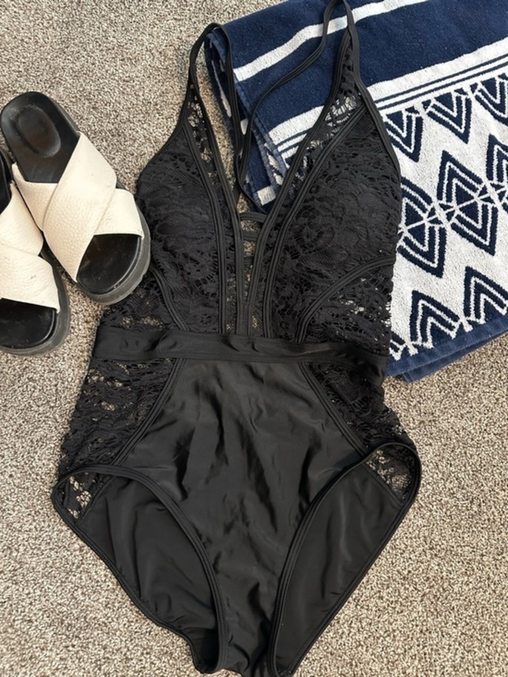 Cacelin Black Lace One Piece Swimsuit Small | Strappy Back Cutout Monokini